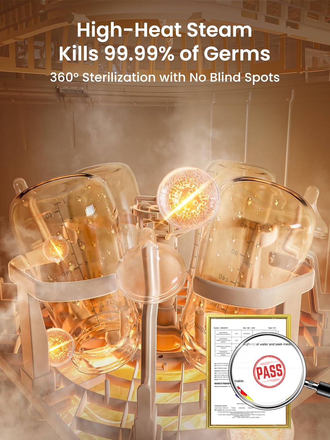 Grownsy EaseClean bottle washer sterilizing baby bottles with high-heat steam, killing 99.99% of germs for 360° coverage.