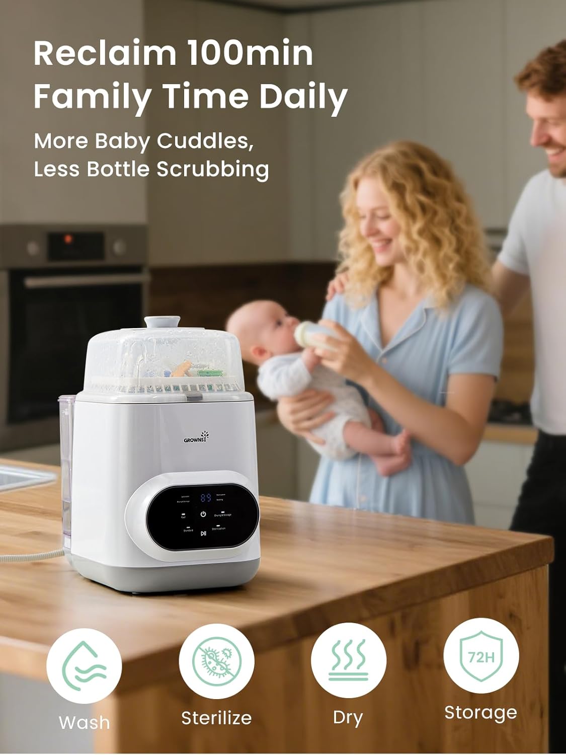 Grownsy EaseClean Bottle Washer on countertop with family in background. Features Wash, Sterilize, Dry, Storage icons.