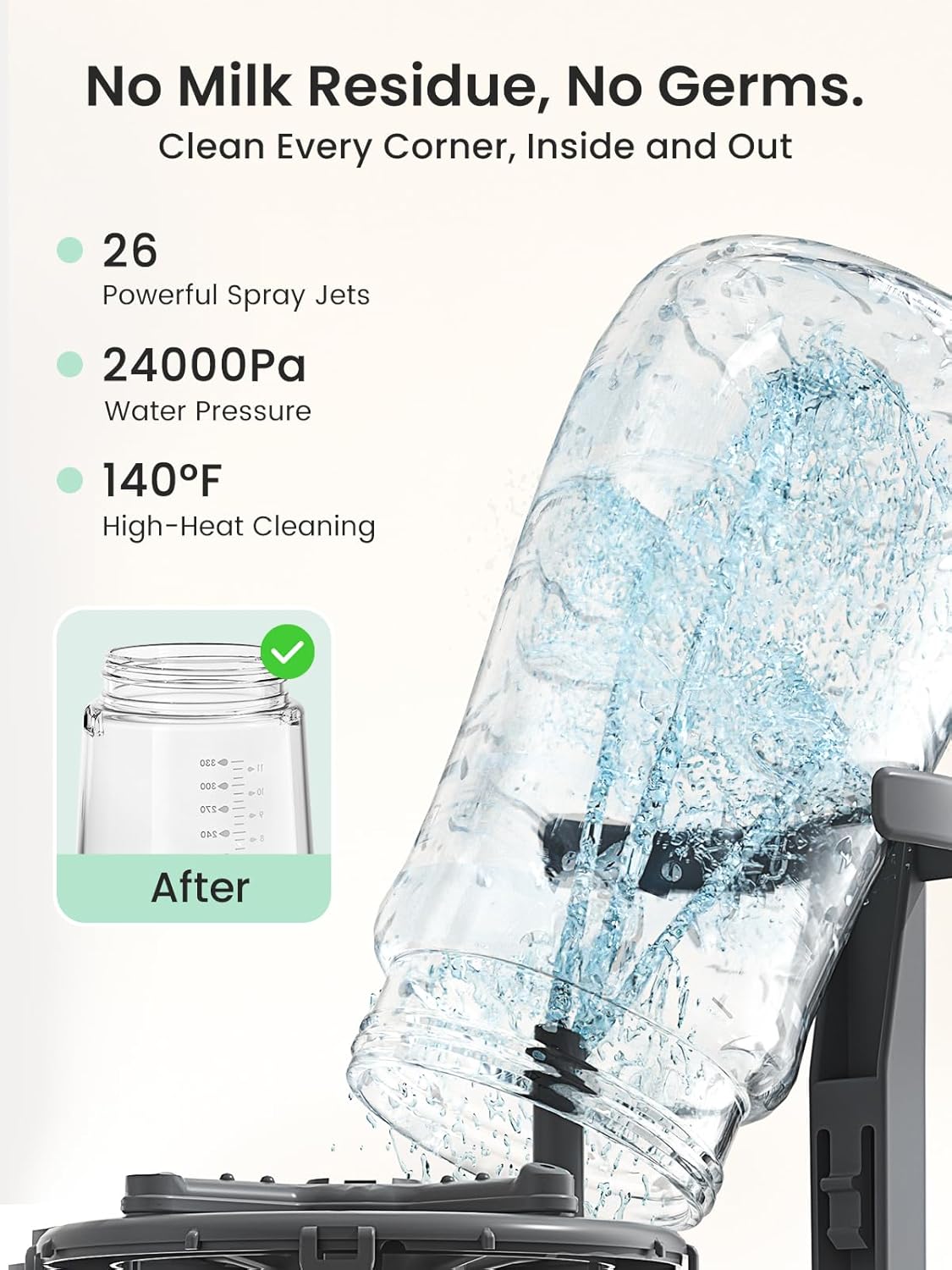 Grownsy bottle washer with powerful jets & 140F heat cleans baby bottles, removing residue & germs. Baby-safe.