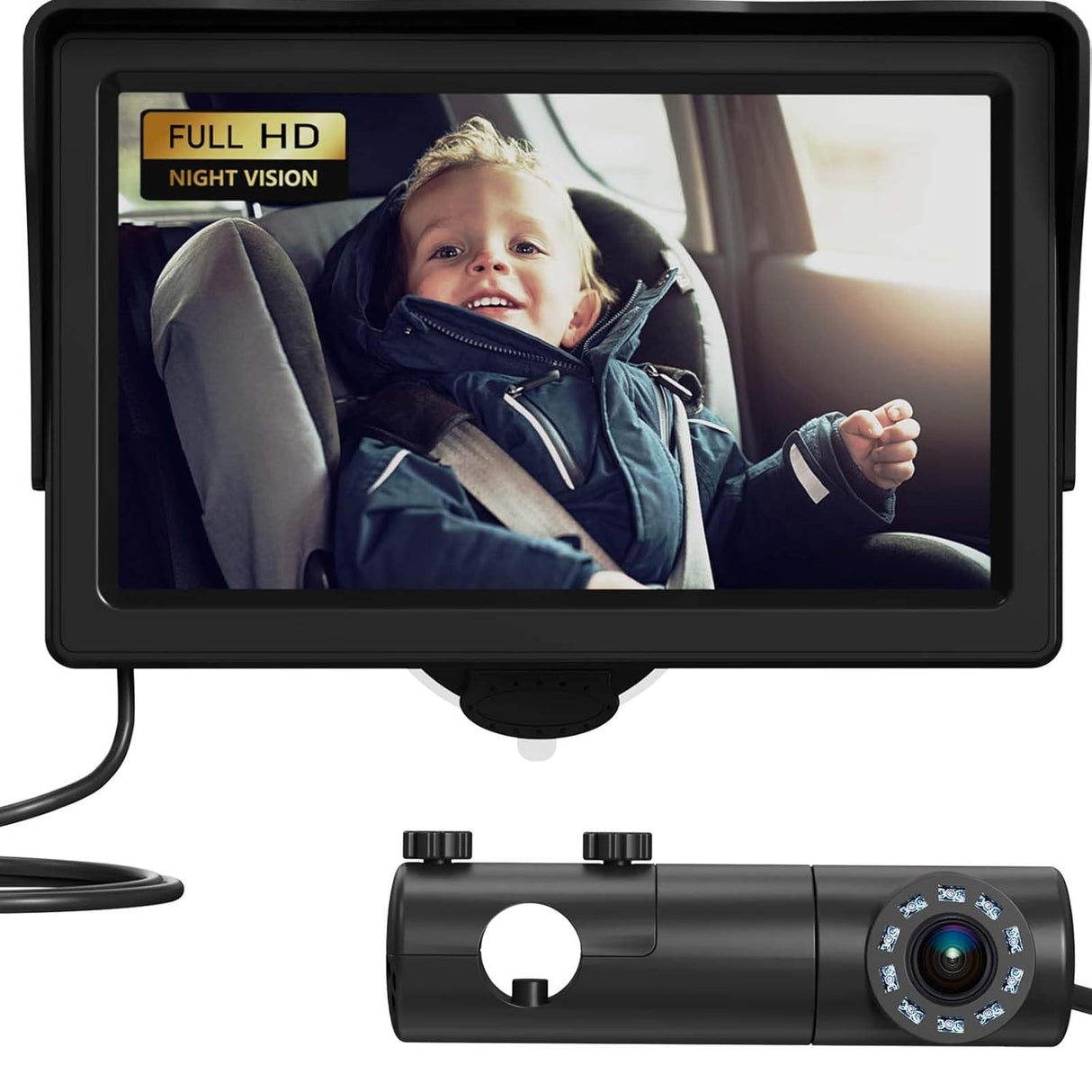 Baby safety monitor system displaying child in car seat with night vision, includes compact black car camera for travel.