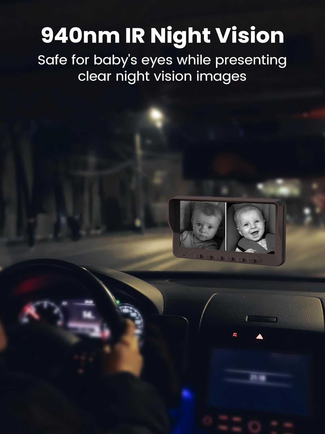 Baby car monitor split screen at night showing two babies with 940nm IR night vision for safe, clear images.