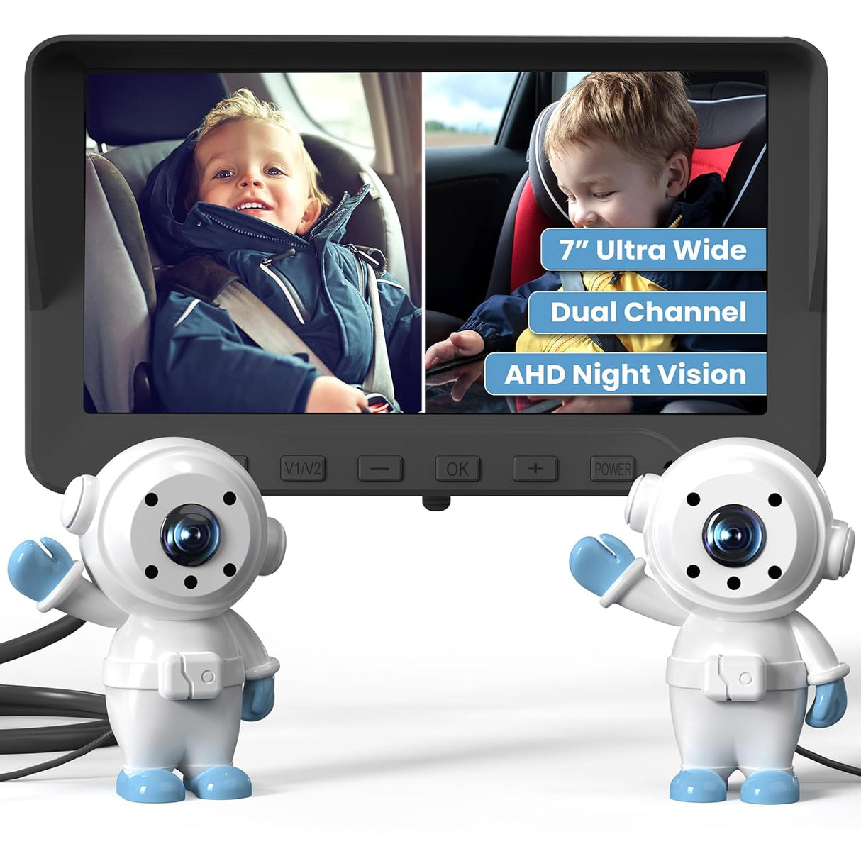 Baby car monitor dual camera split screen: two kids, cute robot cameras, 7" ultra wide AHD night vision.