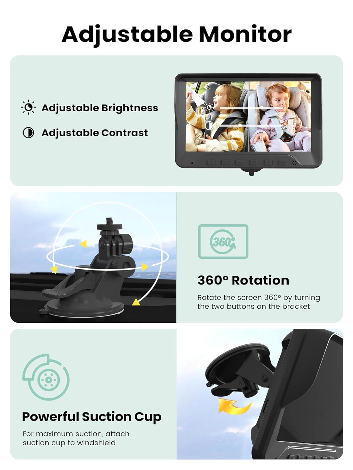 Baby car monitor dual split-screen: 2 kids, adjustable brightness/contrast, 360° rotation, strong suction cup mount.