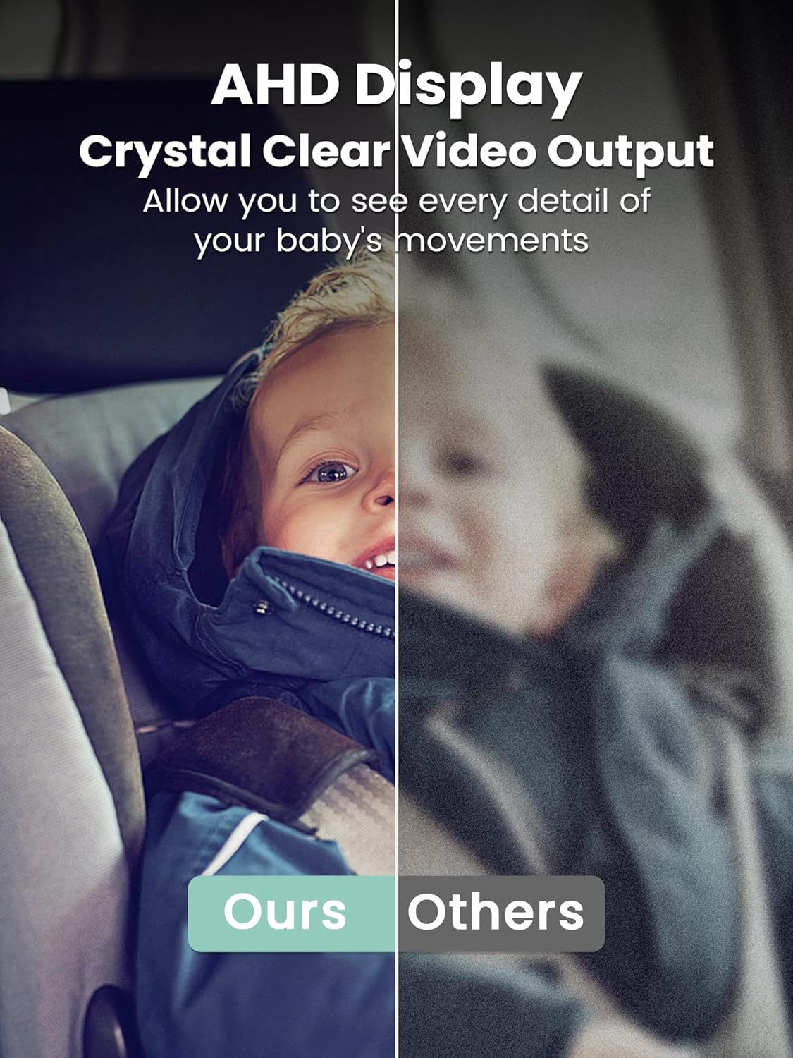 Baby car monitor comparison: Our crisp AHD display vs. grainy image, showing clear view of baby's face.