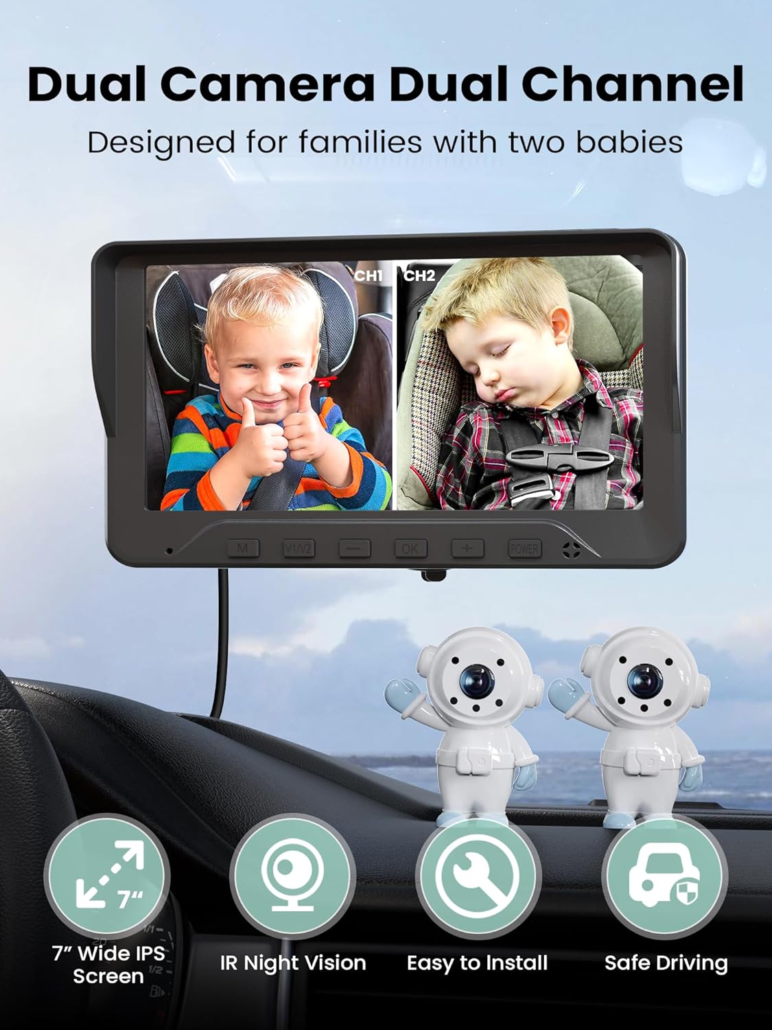 7-inch dual camera baby monitor split screen: awake toddler, sleeping toddler. Cute robot cameras for two babies.