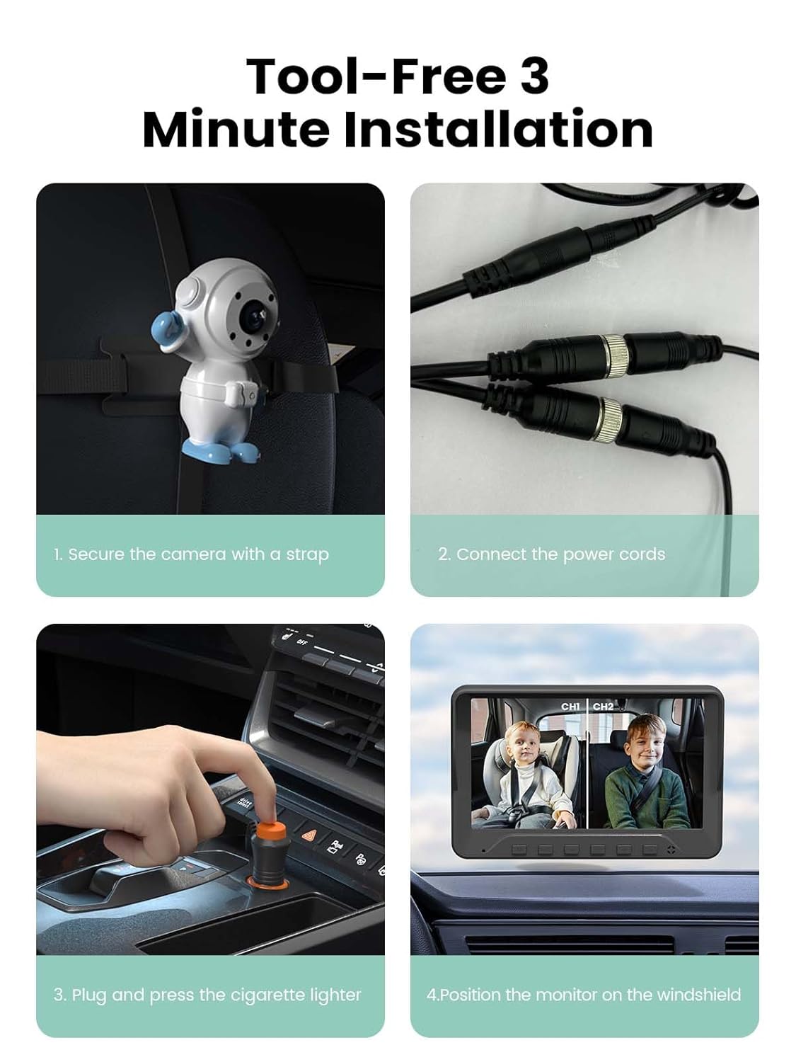 Baby car monitor install: cute camera, connect cords, plug in, mount monitor with split screen view of two kids.