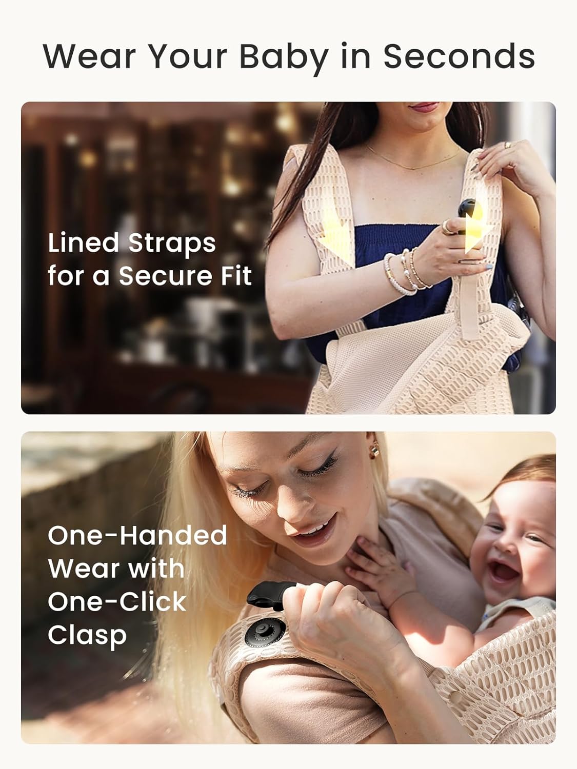 Woman demonstrating one-handed wear of a beige baby carrier using a one-click clasp for a secure, easy fit.