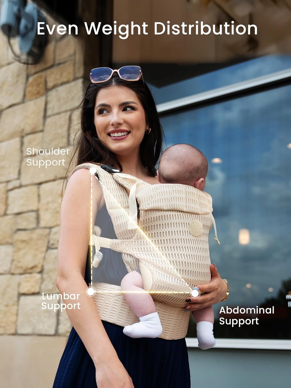 Ergonomic beige mesh baby carrier with graphics highlighting shoulder, lumbar, and abdominal support for even weight distribution.