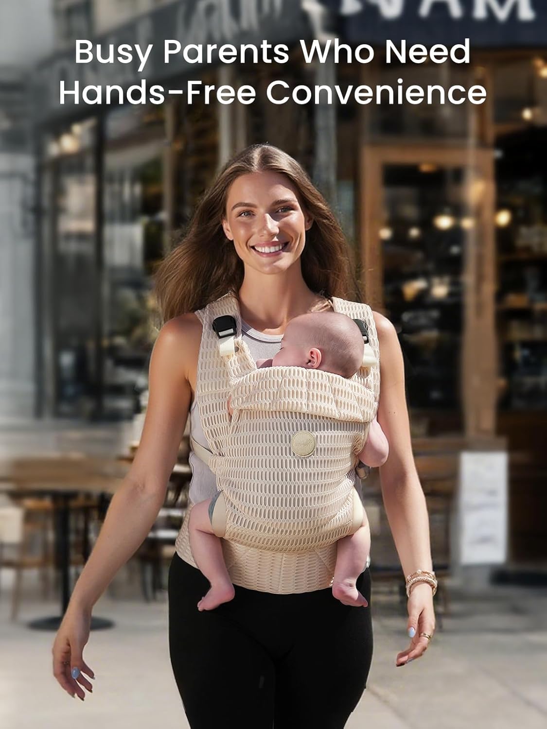 Woman with baby in light beige mesh carrier, urban setting, highlighting hands-free convenience.