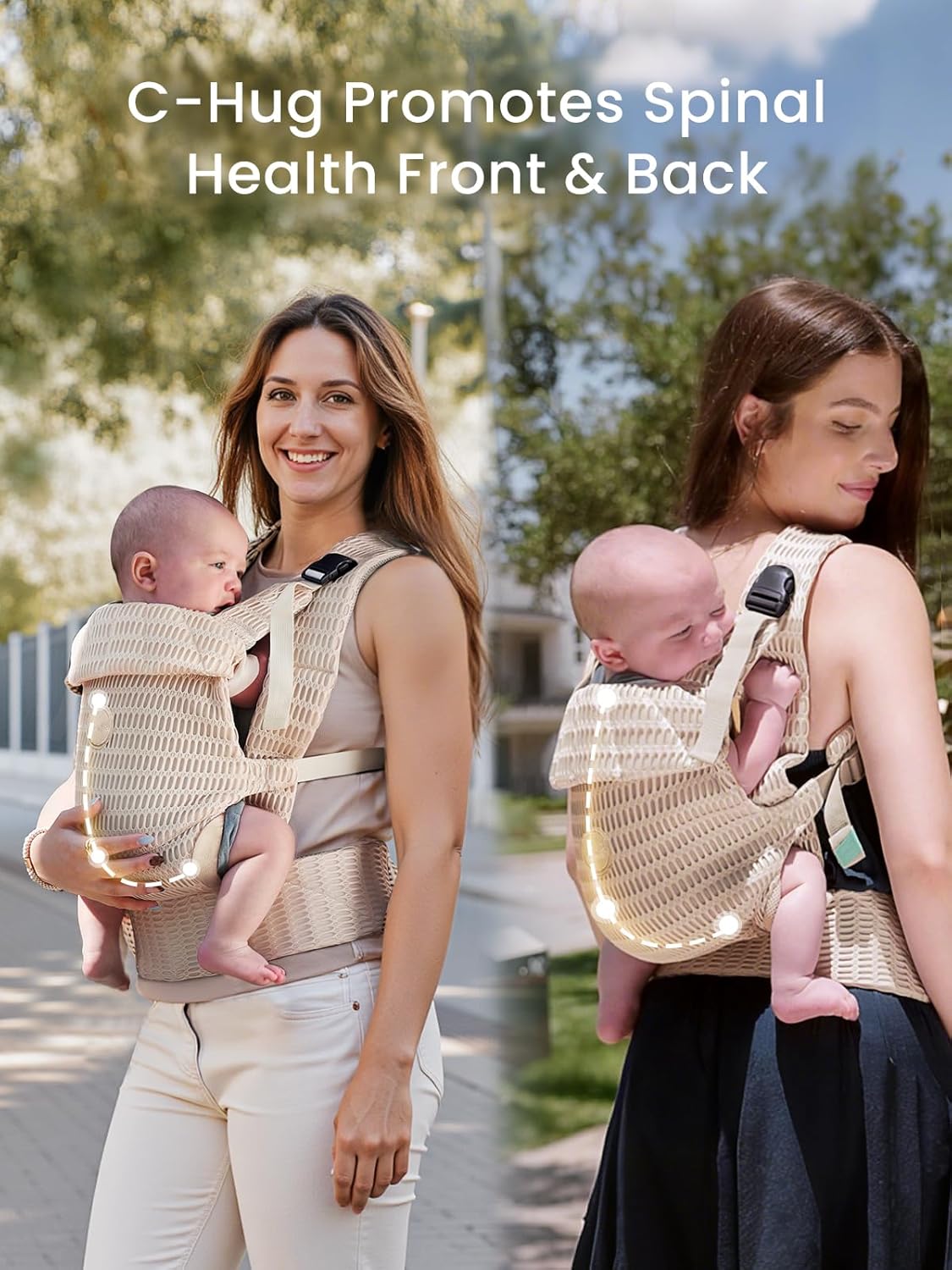 Two women wearing beige woven ergonomic baby carriers with newborn babies, demonstrating C-Hug spinal support.