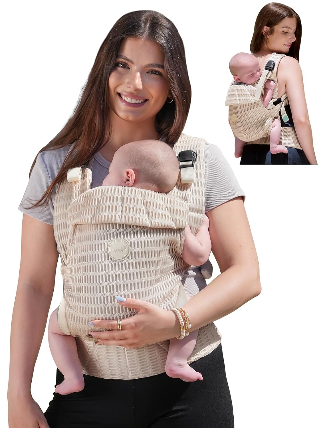 Beige breathable mesh baby carrier with patterned texture, shown on a smiling woman holding a baby. Includes inset back view.