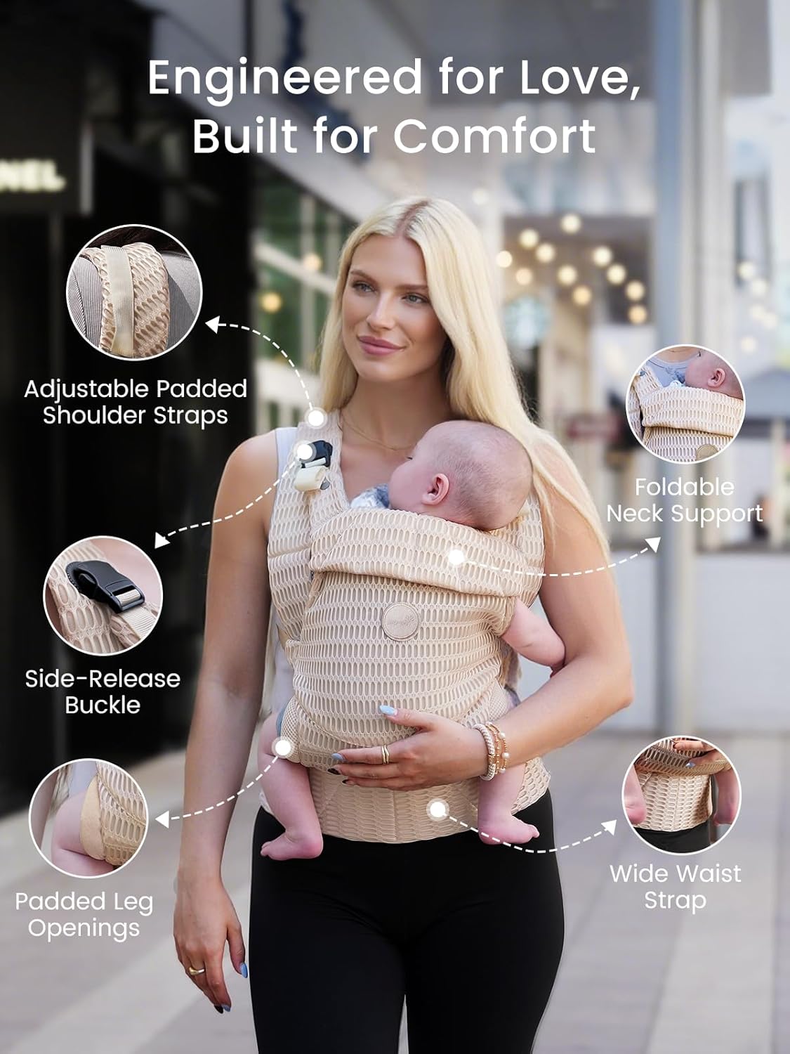 Breathable beige mesh baby carrier with adjustable straps, ergonomic buckle, padded leg openings, head support, and wide waist strap.