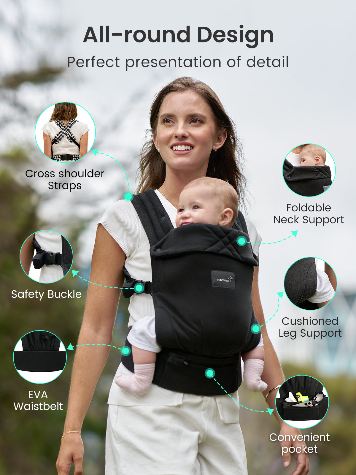 Grownsy Easy-Breezy ergonomic black baby carrier with baby facing out, padded straps, EVA waistbelt & pocket.
