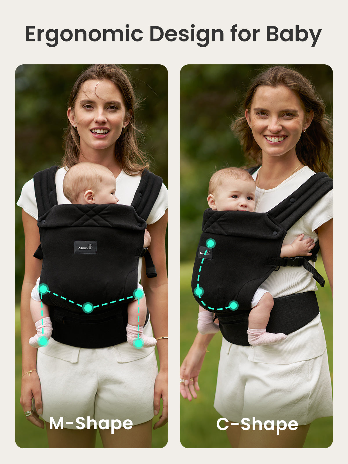 Grownsy Easy-Breezy black baby carrier M-Shape and C-Shape ergonomic design for healthy baby development, with padded straps.