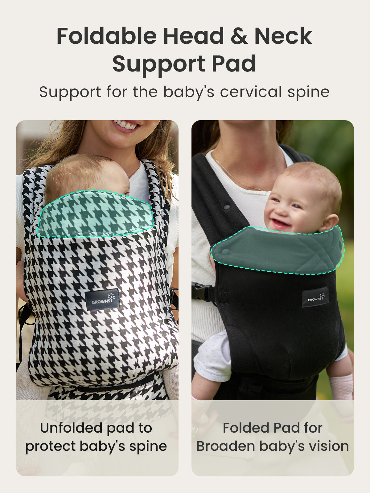 Grownsy baby carrier: foldable head support shown unfolded for spine, folded for vision. Houndstooth and black styles.