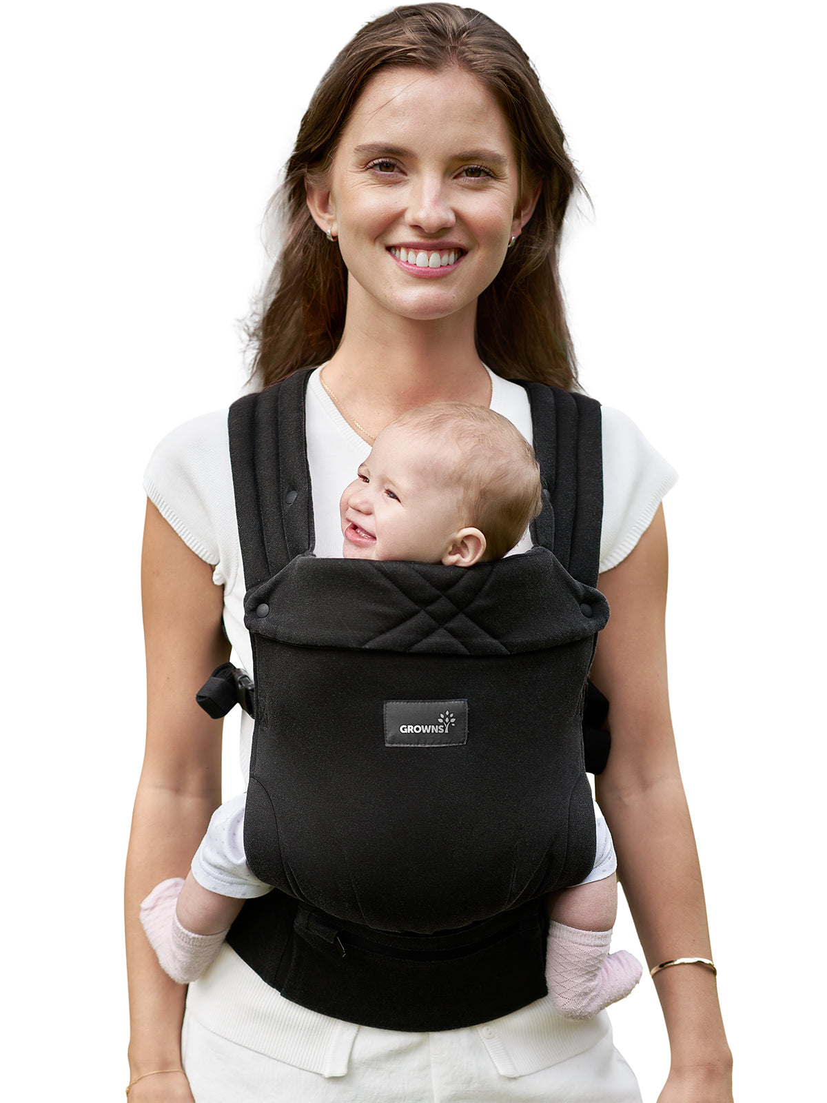 Grownsy Easy-Breezy black baby carrier shown on woman with baby facing out, featuring padded straps and hip belt.
