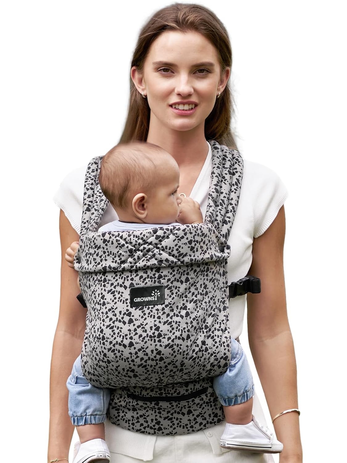 Grownsy Easy-Breezy gray leopard print baby carrier with padded straps and hip belt, shown on woman with baby facing outward.