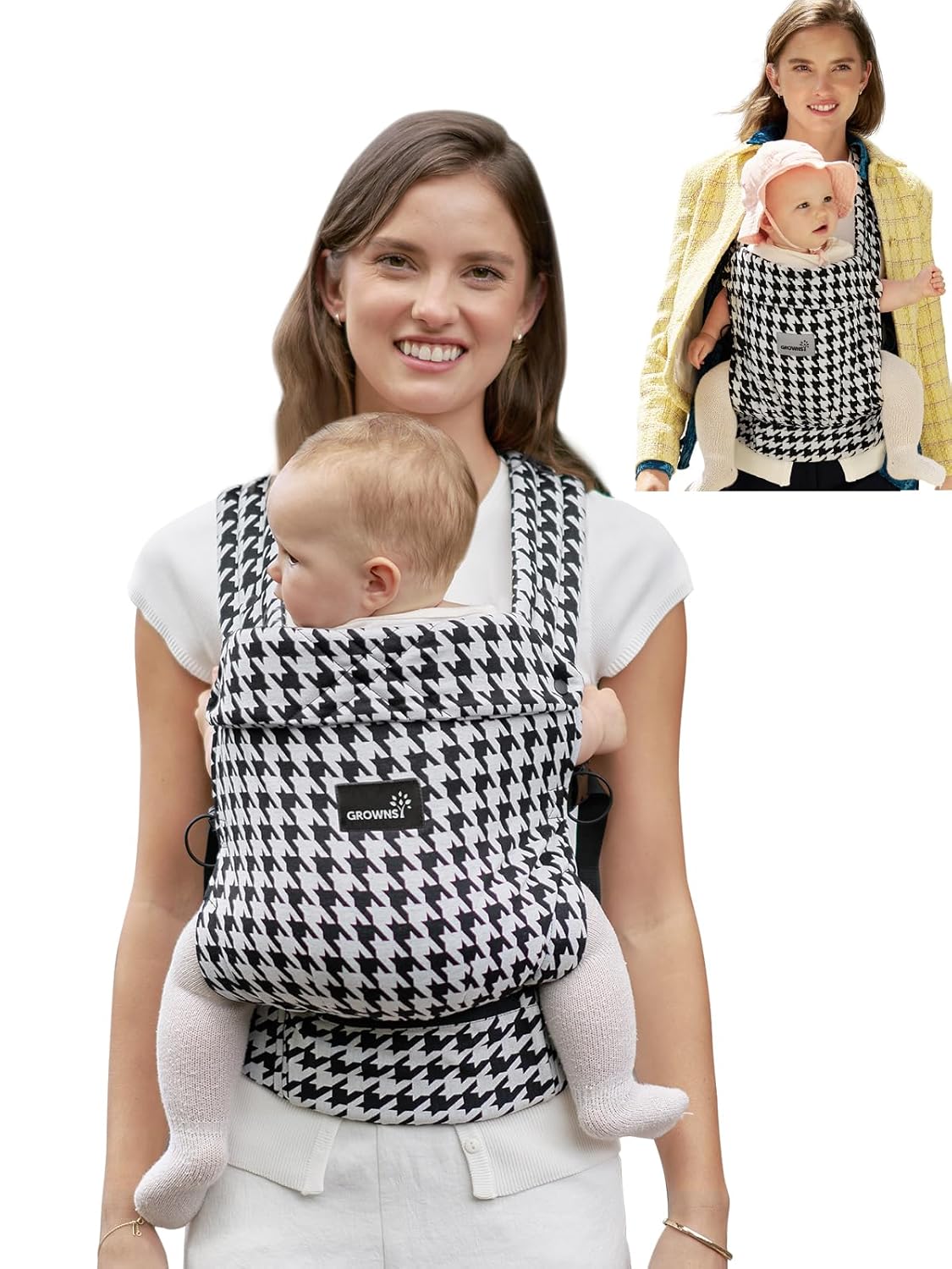 Grownsy Easy-Breezy houndstooth baby carrier with padded straps and hip belt shown on smiling woman with baby facing out.