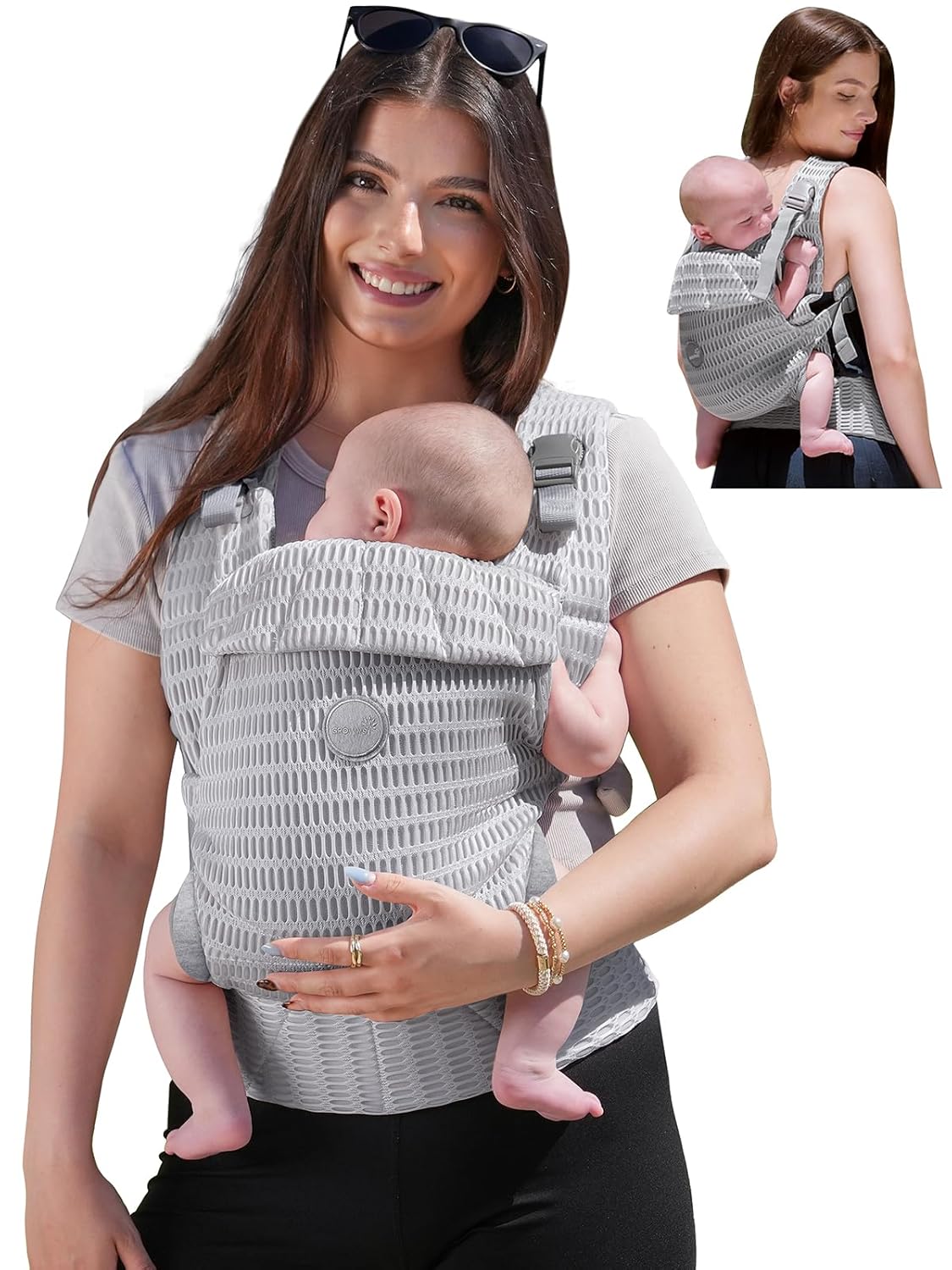 Breathable ergonomic gray mesh baby carrier holding infant, with back view inset.