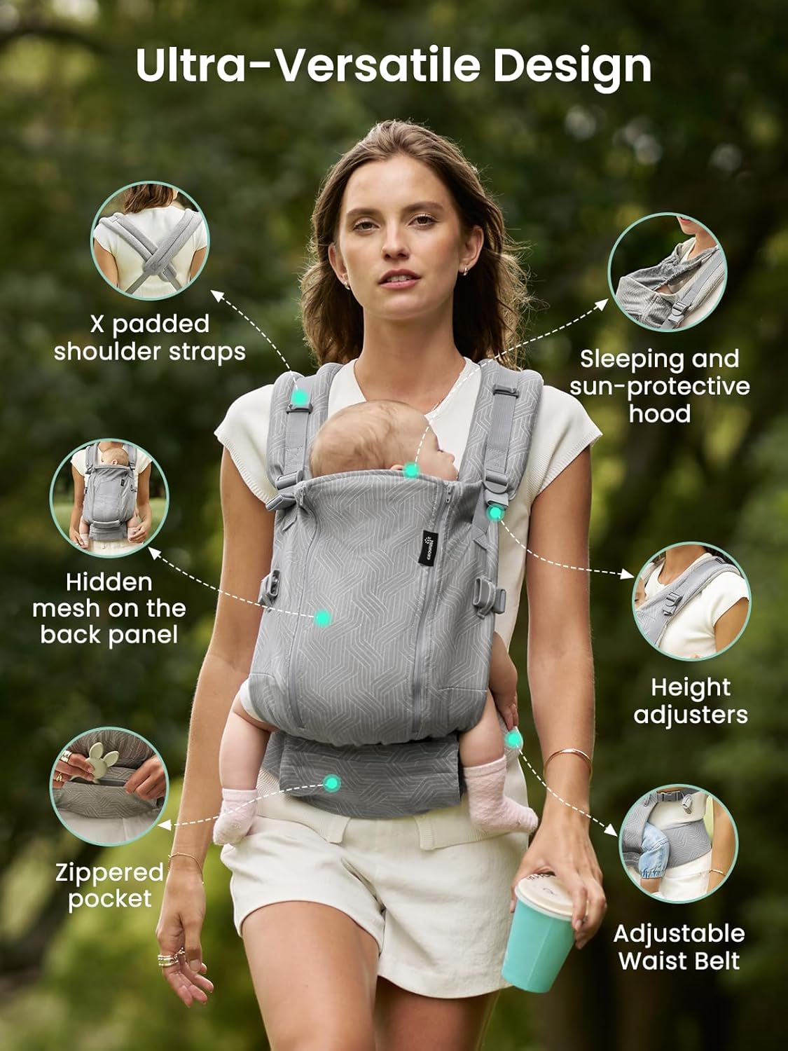 Gray ergonomic baby carrier with baby, X-padded straps, hood, mesh panel, and adjustable waist belt for all-season comfort.