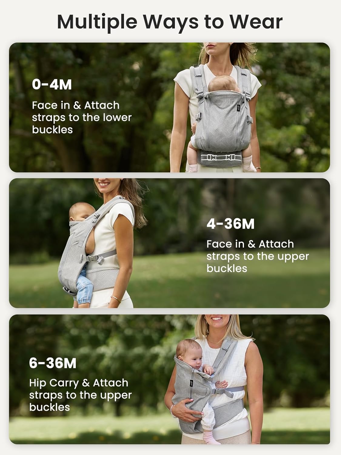 Gray pinstripe ergonomic baby carrier: 3 ways to wear for ages 0-4M, 4-36M, and 6-36M.