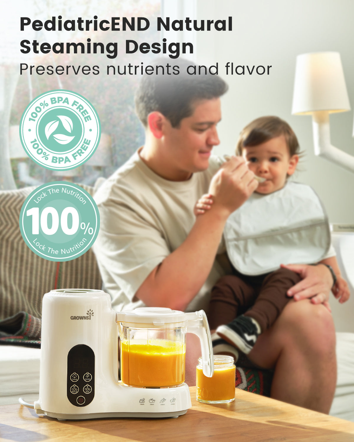Grownsy NutriChef Baby Food Maker steams & blends puree for baby, dad feeding shown. Nutrient-rich, BPA-free.