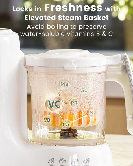 Grownsy NutriChef Baby Food Maker steaming basket with food, showing vitamin preservation icons VC, VB, Ca, Fe, Na.