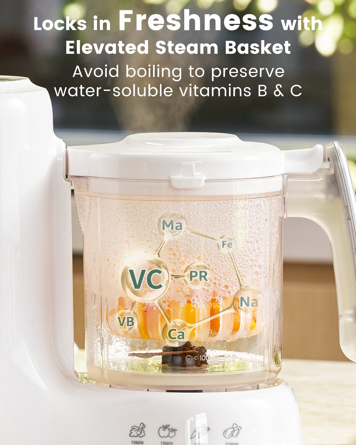 Grownsy NutriChef Baby Food Maker steaming basket with food, showing vitamin preservation icons VC, VB, Ca, Fe, Na.