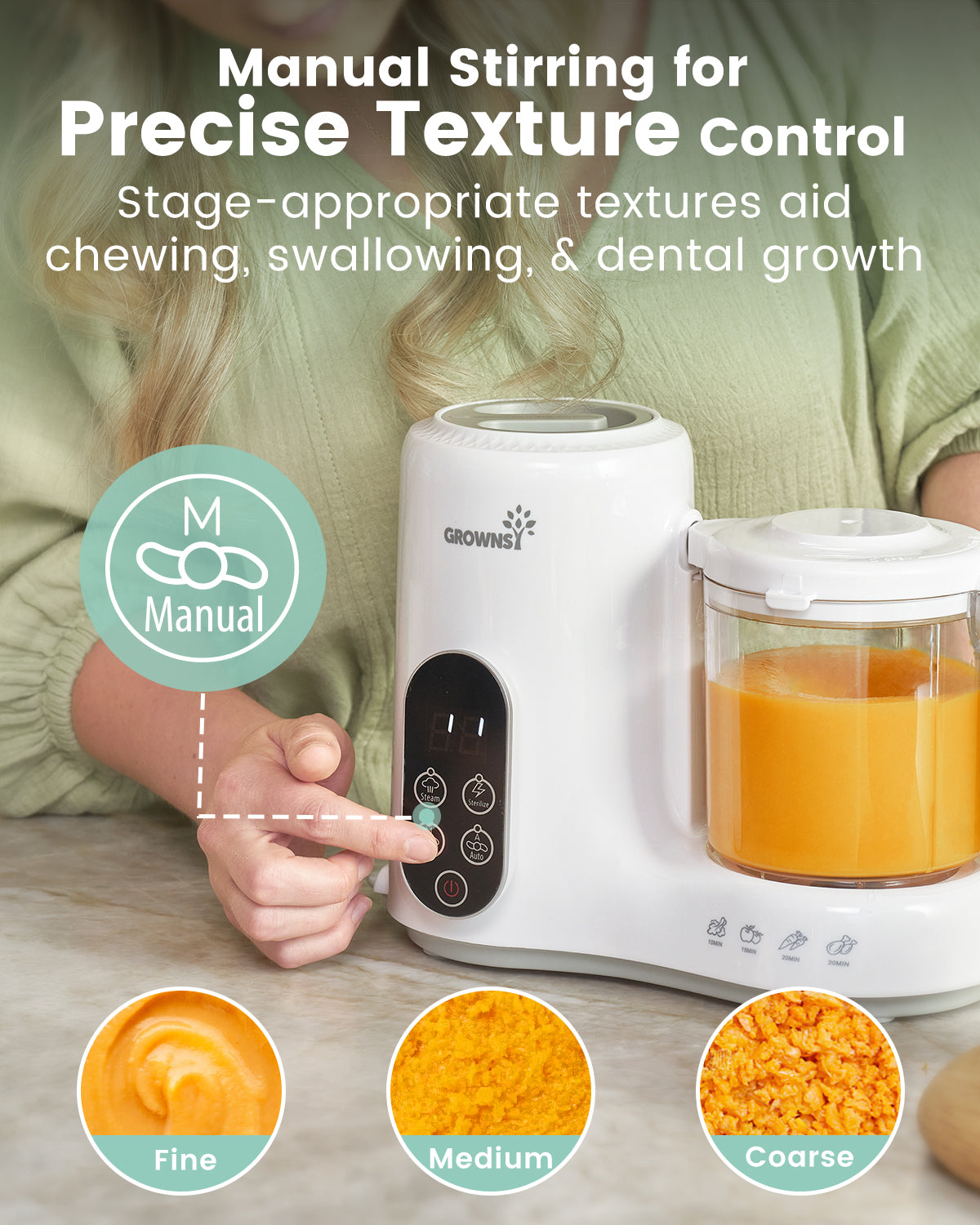Grownsy NutriChef Baby Food Maker manual stirring for precise texture control with fine, medium, and coarse puree options.