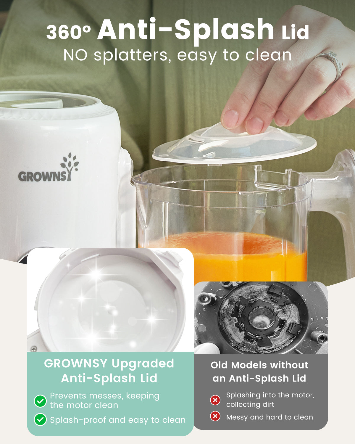 Grownsy NutriChef Baby Food Maker 360° anti-splash lid prevents messes and keeps motor clean for easy blending.