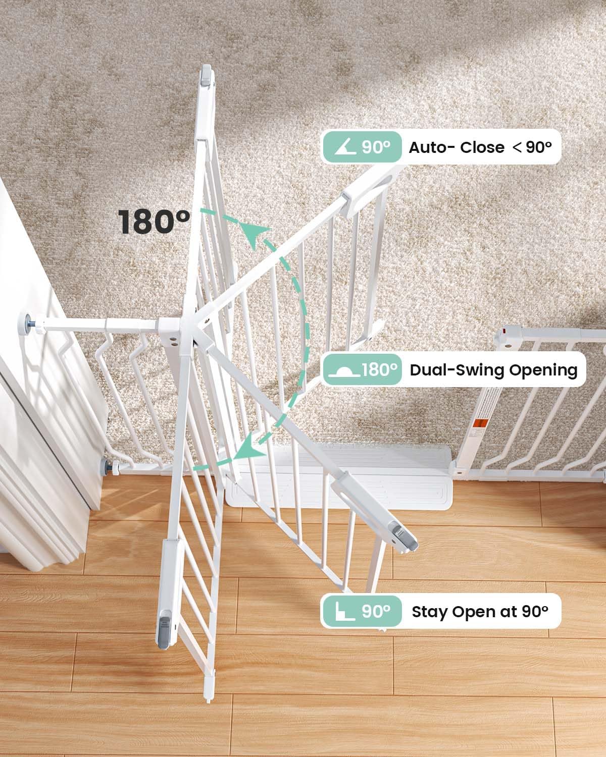 GROWNSY white metal baby gate showing 180° dual-swing, auto-close <90°, stay-open at 90°.