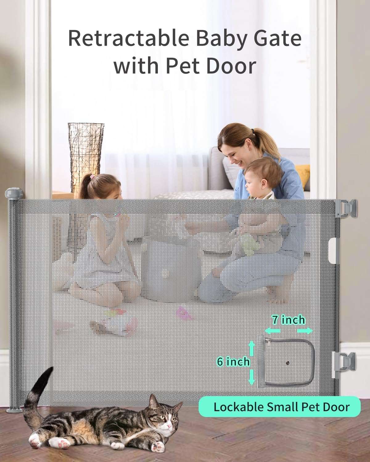 GROWNSY retractable baby gate with lockable pet door installed in doorway, woman and children on one side, cat on the other.