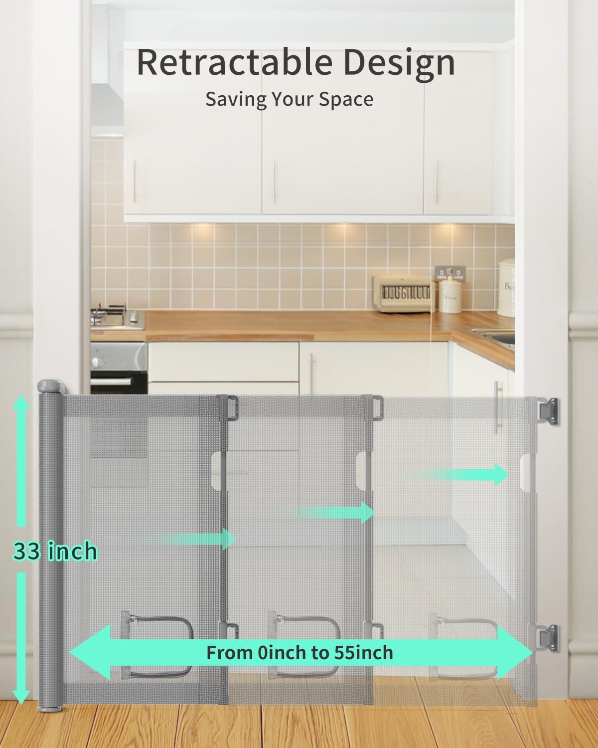 GROWNSY retractable baby gate, 33 inch high, adjustable from 0-55 inch wide, mesh design in doorway.