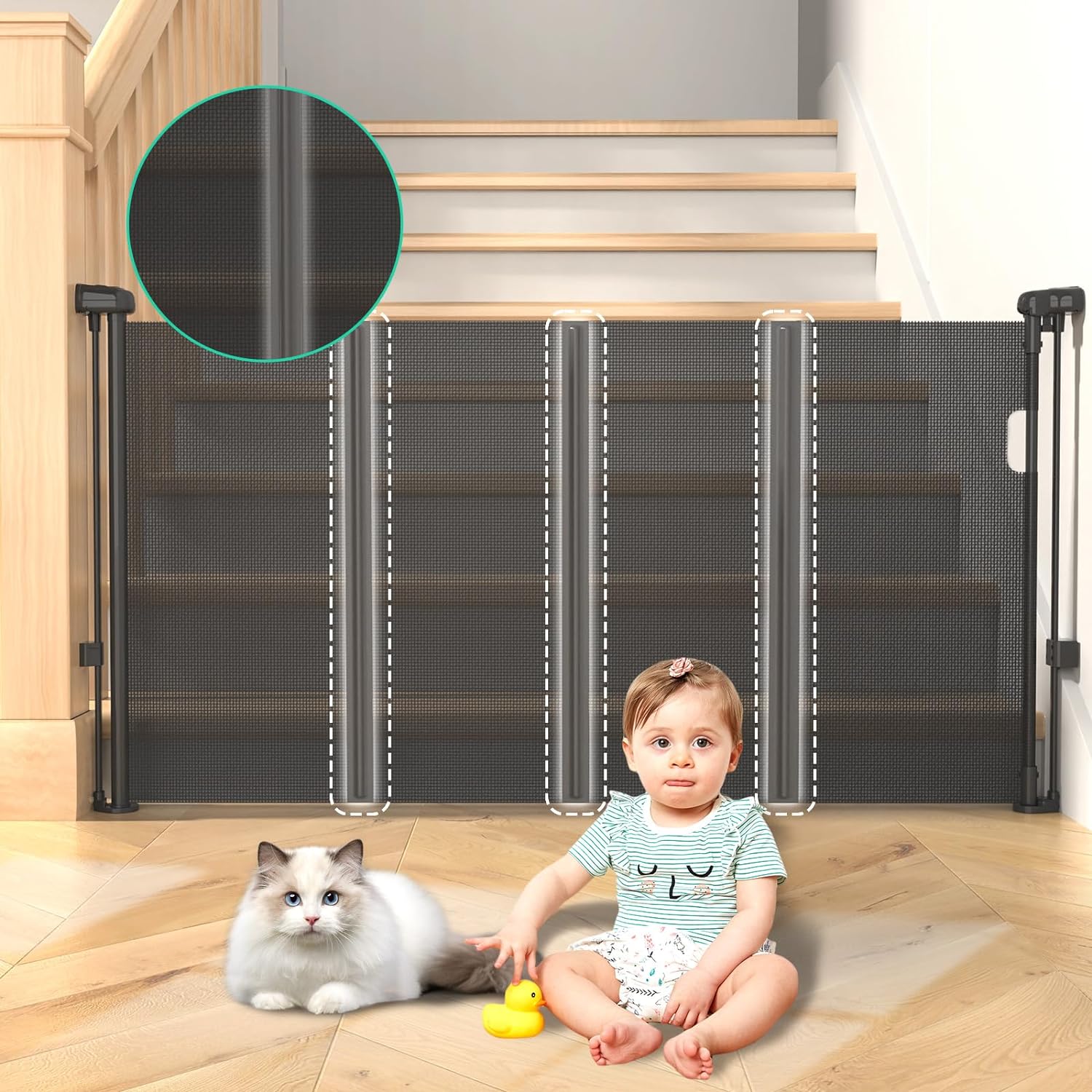 GROWNSY retractable baby gate installed at stairs, baby and cat sitting safely on floor.