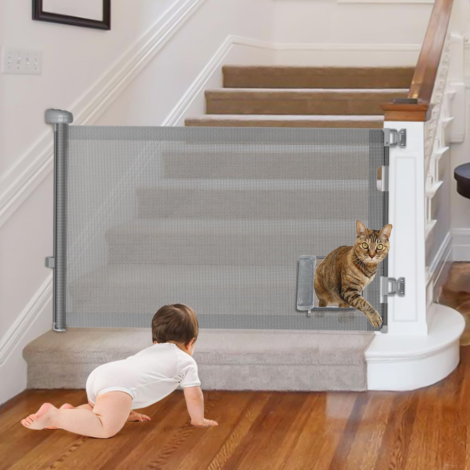 GROWNSY retractable baby gate installed at stairs, with cat door for pet access, baby crawling nearby.