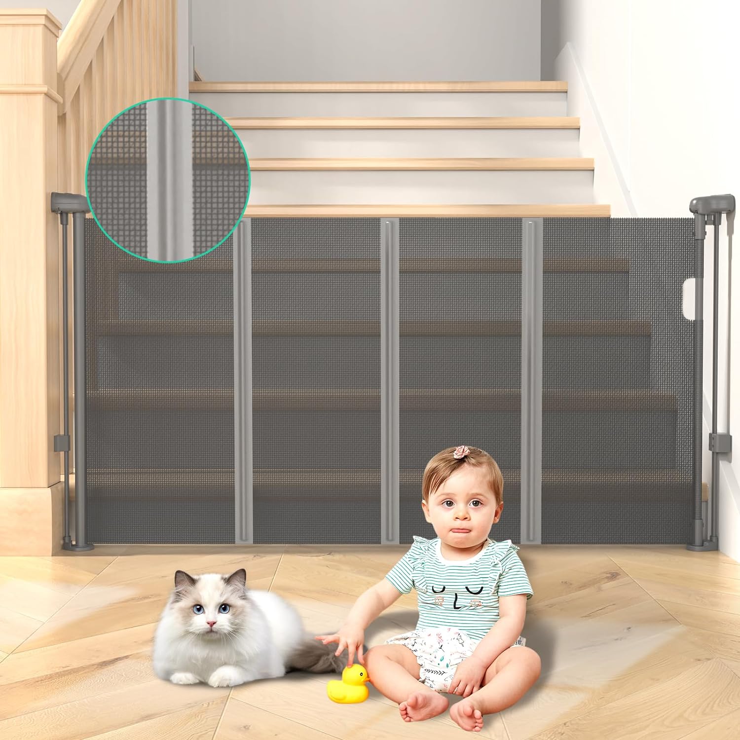 GROWNSY gray retractable baby gate with cat door at bottom of stairs, with fluffy cat and baby. Mesh detail.