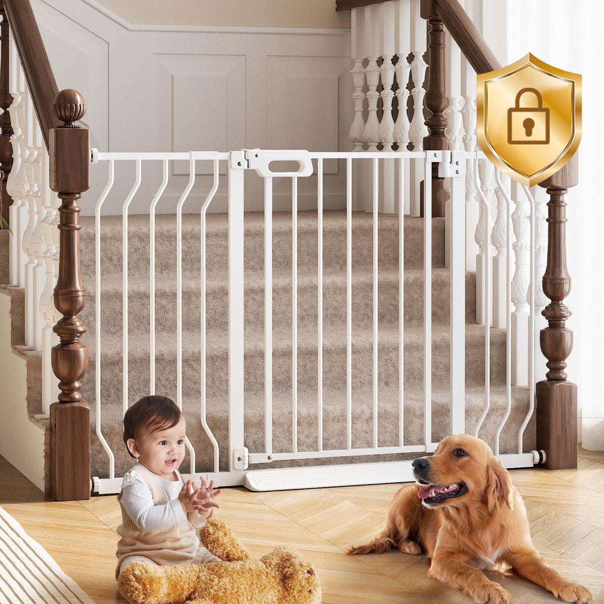 White baby safety gate at bottom of carpeted stairs with wooden banisters, baby and dog nearby.