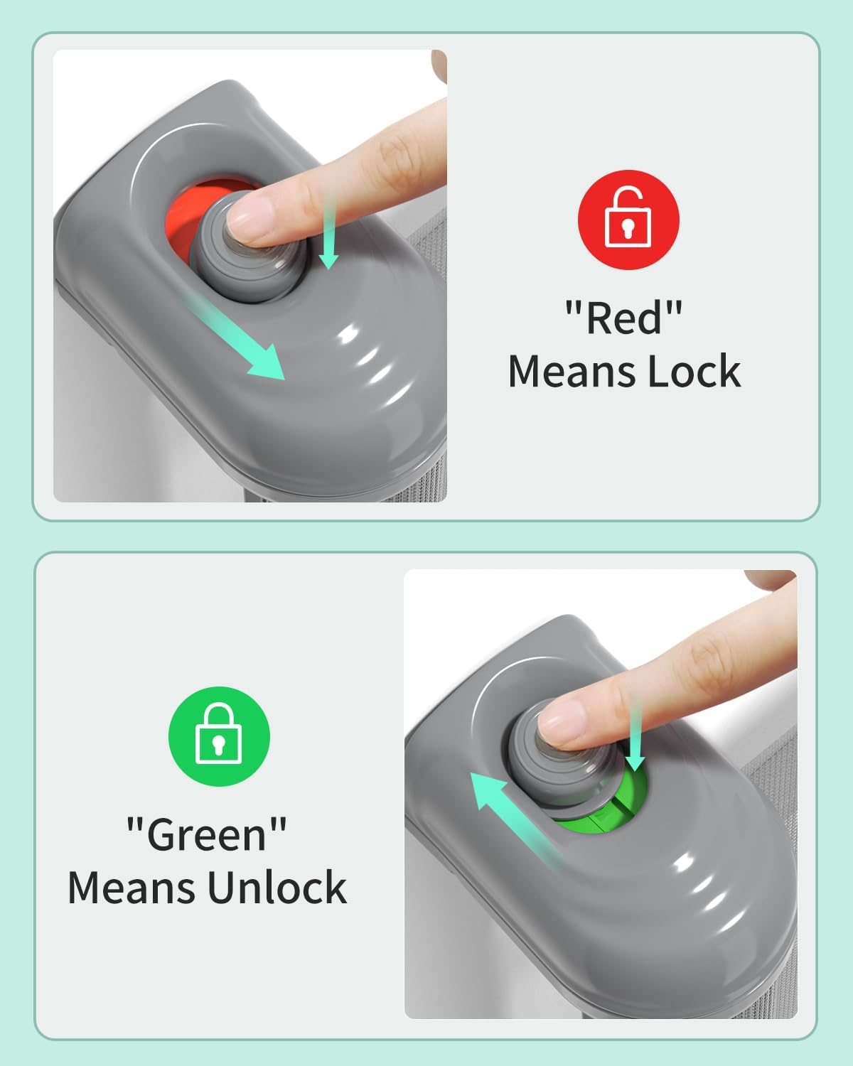 GROWNSY retractable baby gate lock mechanism shown with red indicator for locked and green for unlocked.