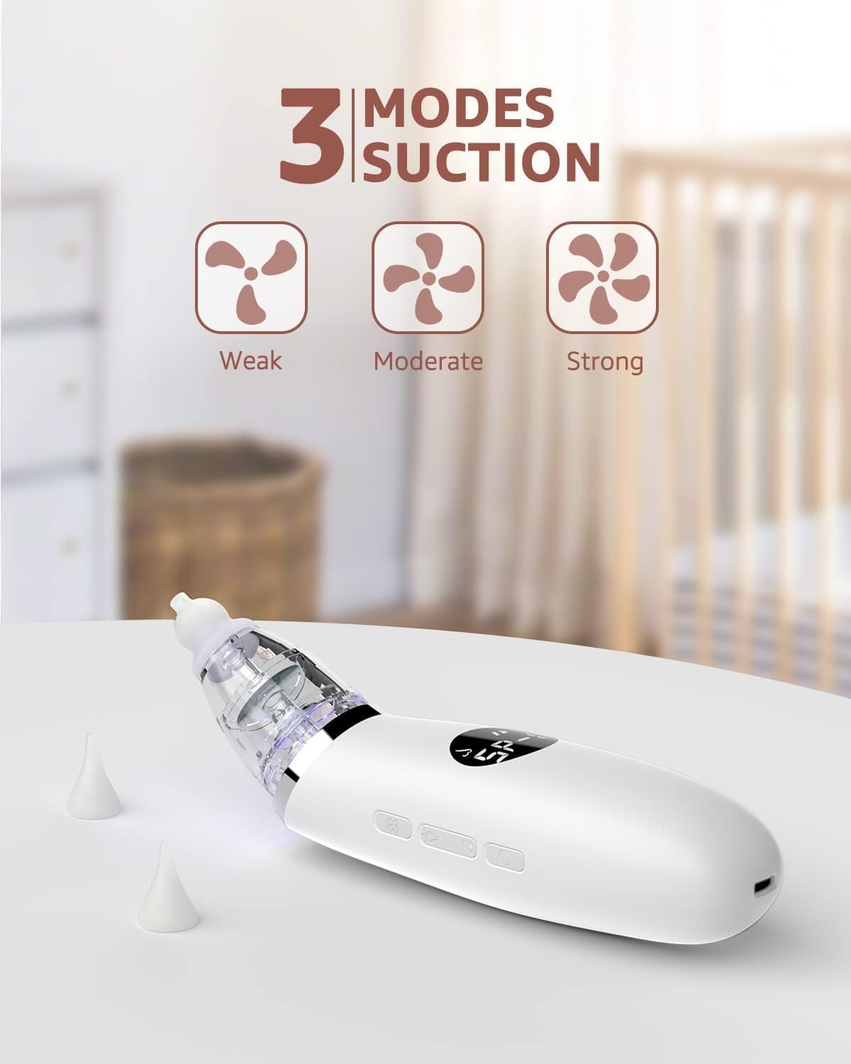 Infant nasal aspirator, 3 suction modes (weak, moderate, strong), transparent collector, soft silicone tips.