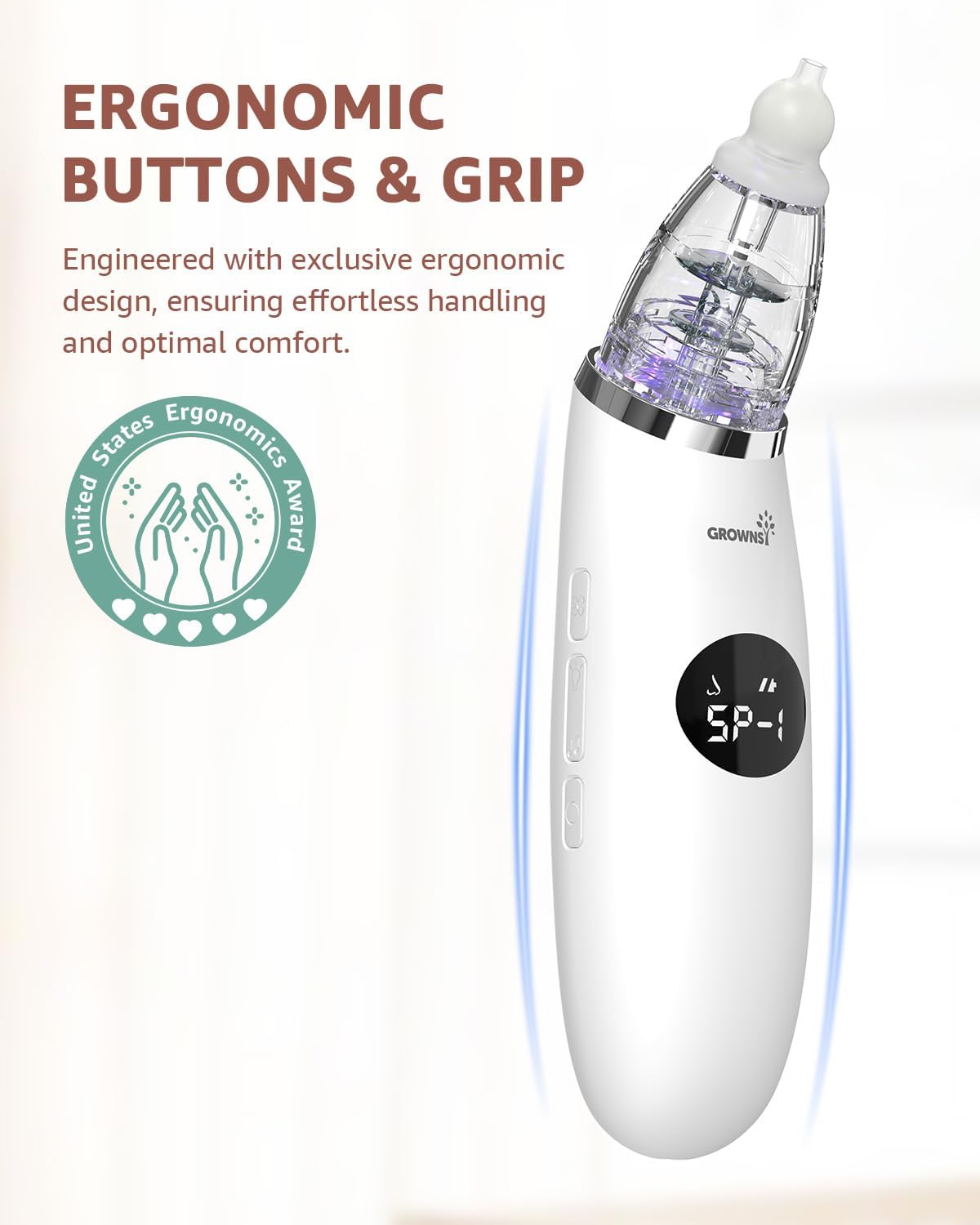 GROWNSY white infant nasal aspirator with digital display and ergonomic grip, featuring United States Ergonomics Award.