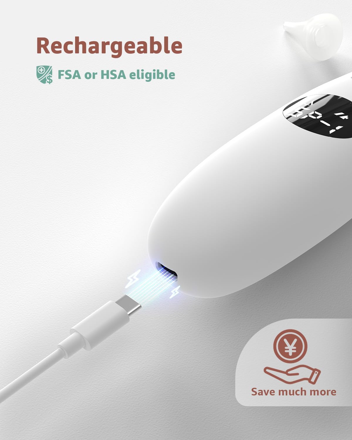 White rechargeable infant nasal aspirator charging via USB-C, FSA/HSA eligible and cost-saving benefits highlighted.