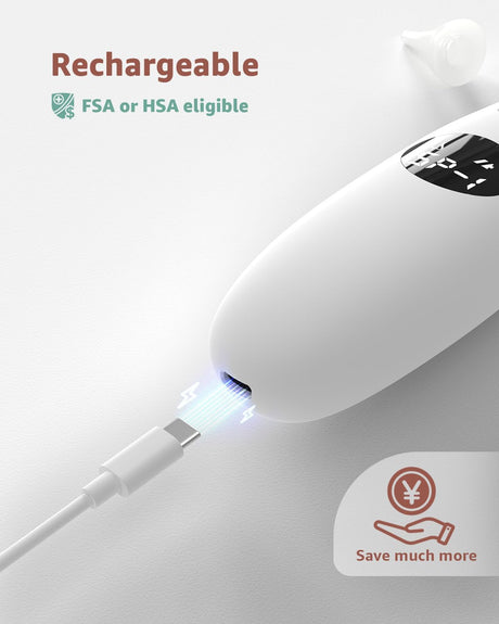 White rechargeable infant nasal aspirator charging via USB-C, FSA/HSA eligible and cost-saving benefits highlighted.