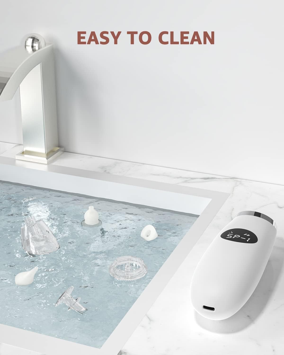 GROWNSY infant nasal aspirator parts in water, highlighting easy cleaning. 'EASY TO CLEAN' text.