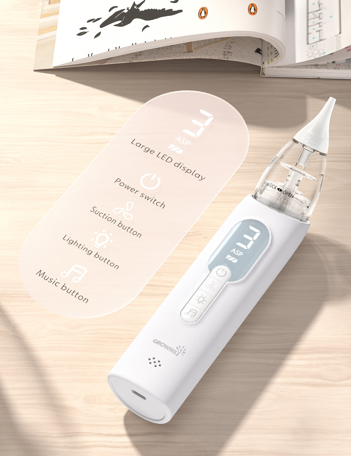 White ergonomic newborn nasal aspirator: LED display, suction, light, music buttons. Level 3.
