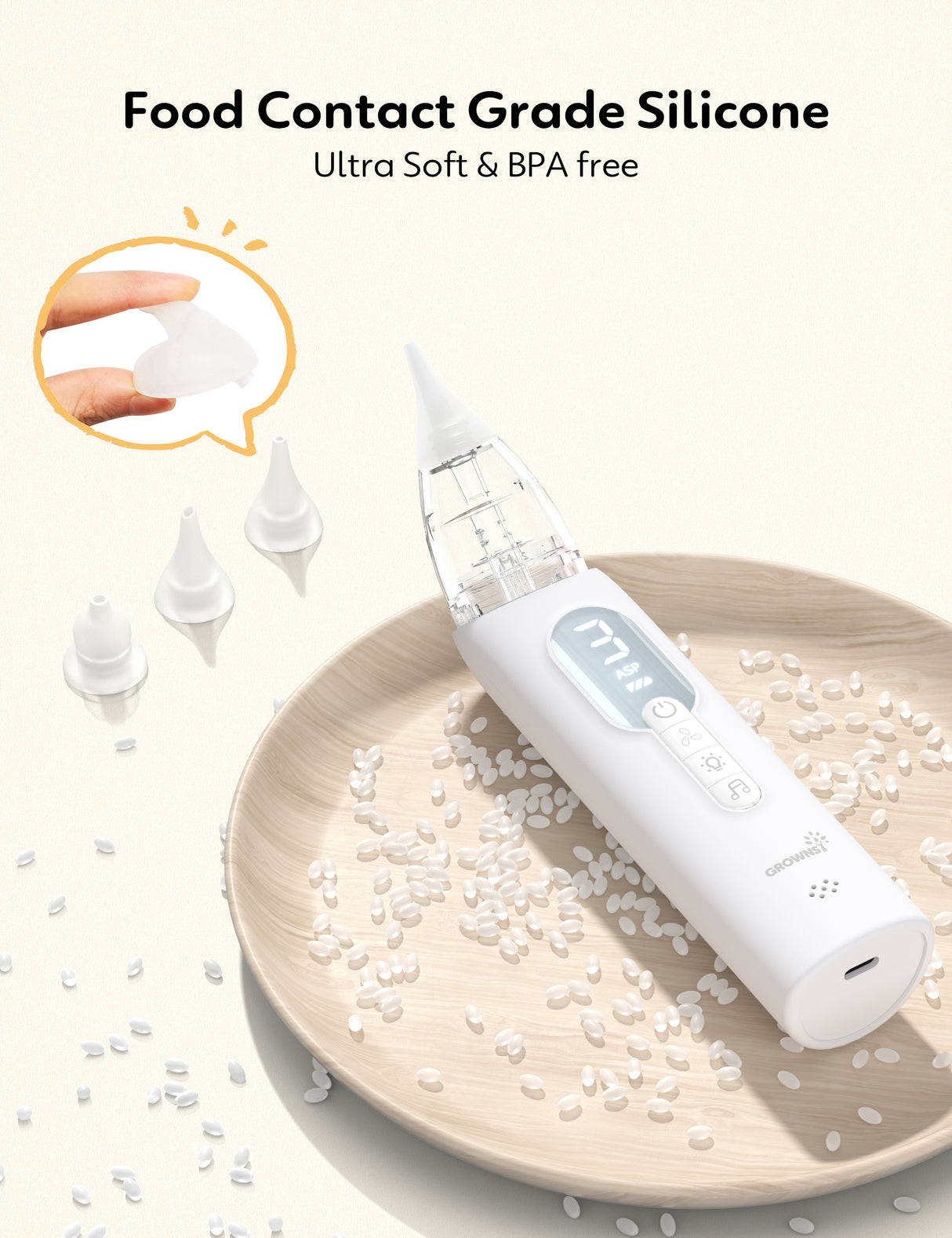 Upgrade Soothing Newborn Nose Sucker with food grade silicone tips and digital display, showing material quality.