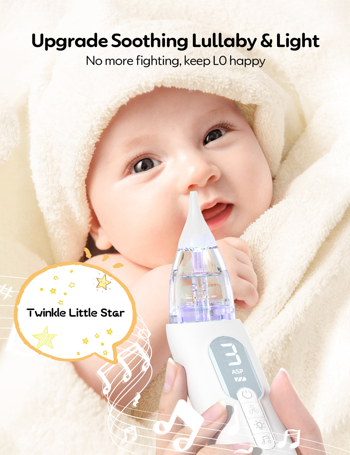 Soothing newborn nose sucker with digital display '3', purple light, and "Twinkle Little Star" music. Baby relief benefits.