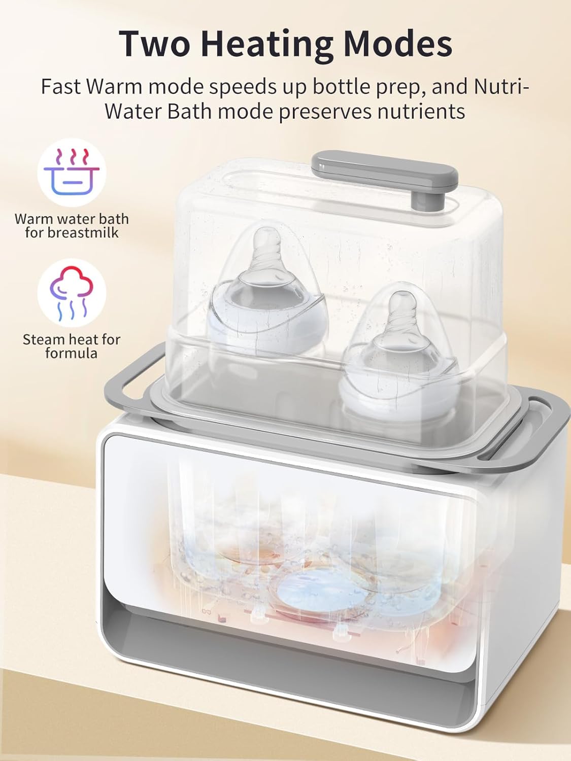 12-in-1 baby bottle warmer: warm water bath for breastmilk, steam heat for formula, two bottles inside.