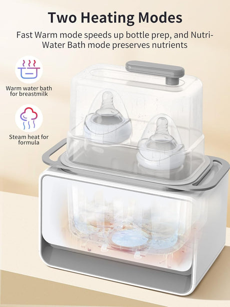 12-in-1 baby bottle warmer: warm water bath for breastmilk, steam heat for formula, two bottles inside.