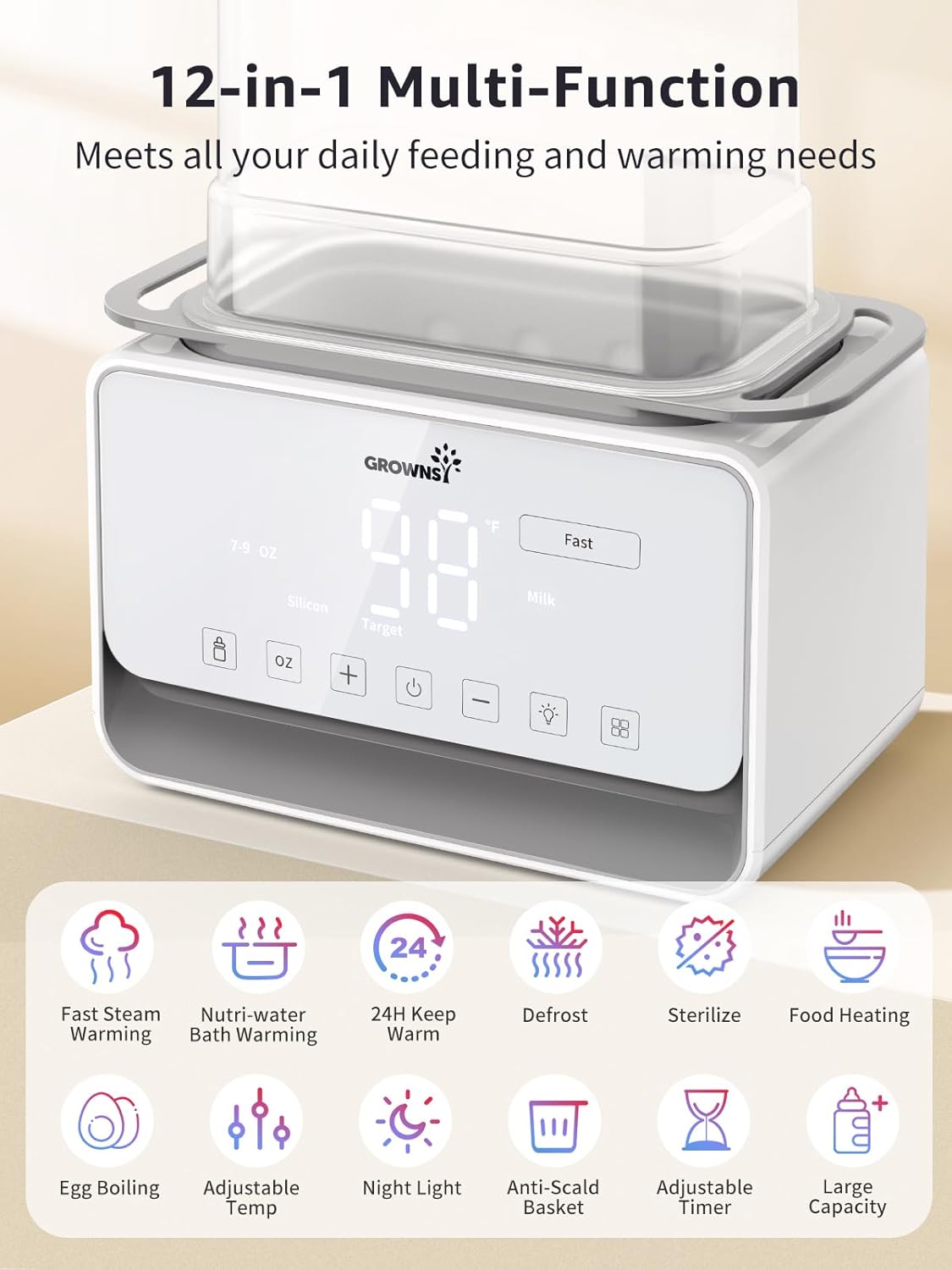 12-in-1 baby bottle warmer digital display 98F Fast. Steam, water bath, 24H warm, defrost, sterilize, egg boil, night light.