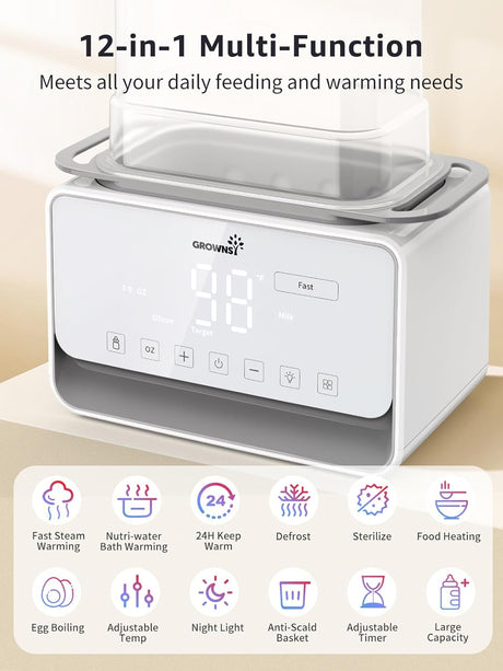 12-in-1 baby bottle warmer digital display 98F Fast. Steam, water bath, 24H warm, defrost, sterilize, egg boil, night light.